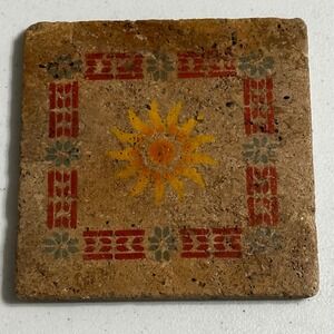 Vintage Travertine Stone Coaster Sunburst Sun Geometric Red Green Tan 6 x 6 Tile